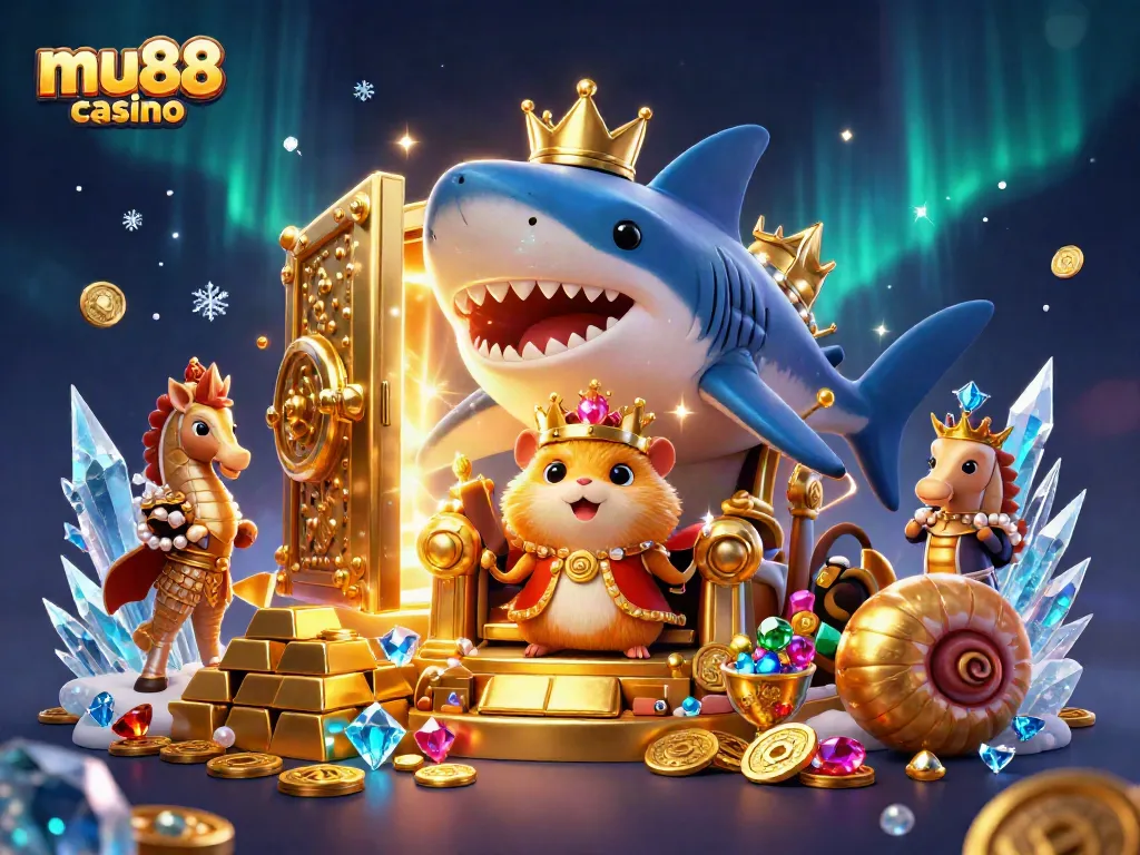 Engage with the mu88 casino adventure in a vibrant scene featuring a golden hamster king, seahorse guards, and treasure.