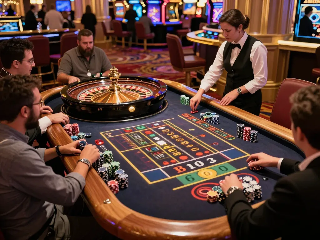 Permainan rolet yang menarik di kasino Las Vegas menunjukkan kegembiraan para pemain, menampilkan link deluna4d.