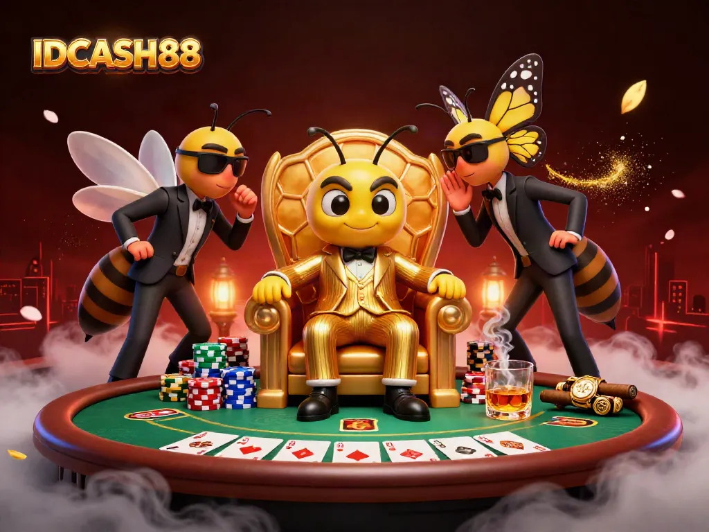 Engage with IDCASH88's vibrant casino scene, showcasing a bumblebee mob boss and poker elements.