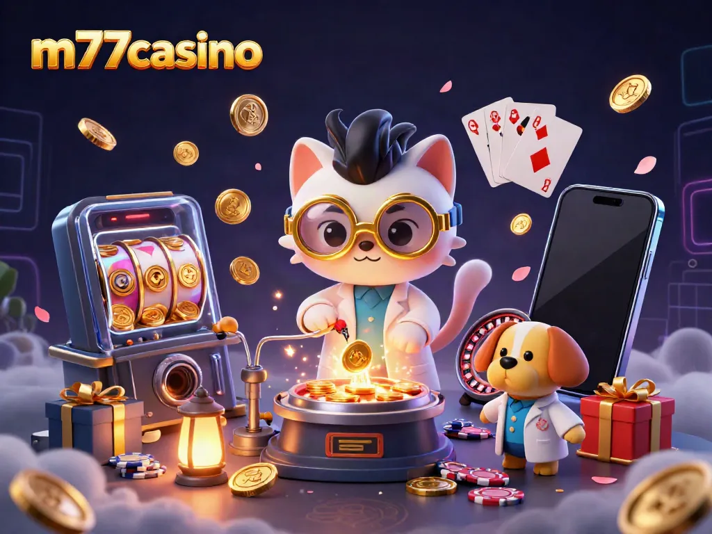Ilustrasi 3D M77Casino dengan kucing ilmuwan dan anjing di tengah suasana kasino yang hidup.