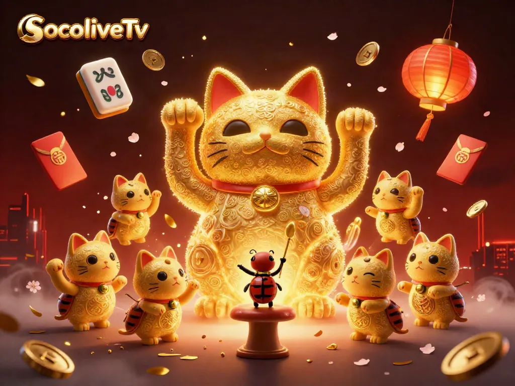 Engage in thrilling gaming experiences with SocoliveTv's lucky cat showcasing vibrant casino symbols.