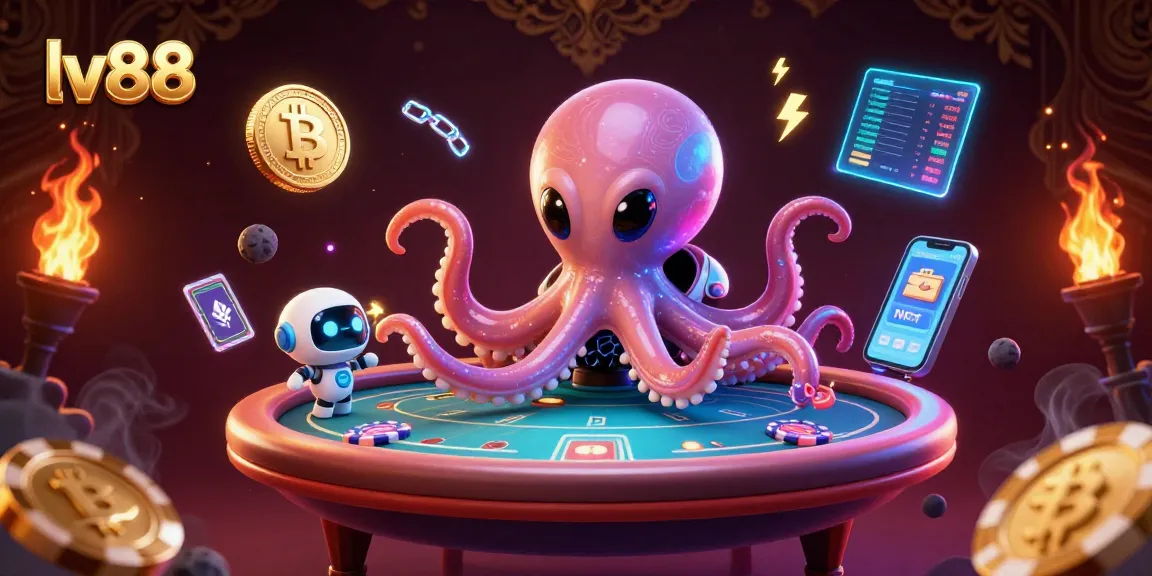 Play thrilling games at lv88 with a vibrant alien octopus and holographic poker table.