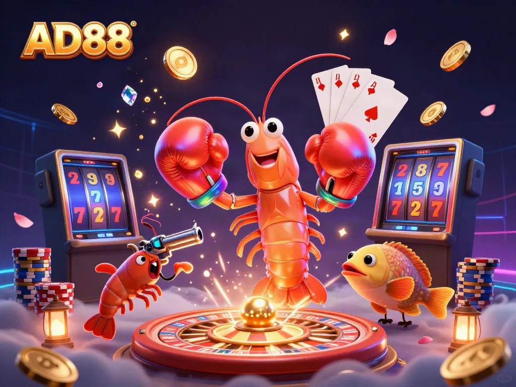 Experience the vibrant world of AD88 with an energetic scene featuring fantasy shrimp characters and casino elements.