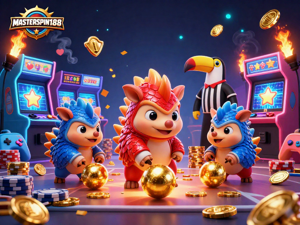 Masterspin188 pangolins compete in a vibrant casino-themed arcade, amid poker chips and gold.