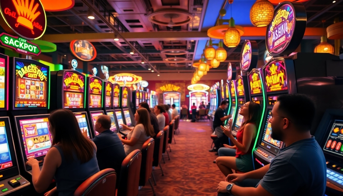 Players enjoying exciting slot machines in a vibrant casino scene, showcasing the thrill of winning.