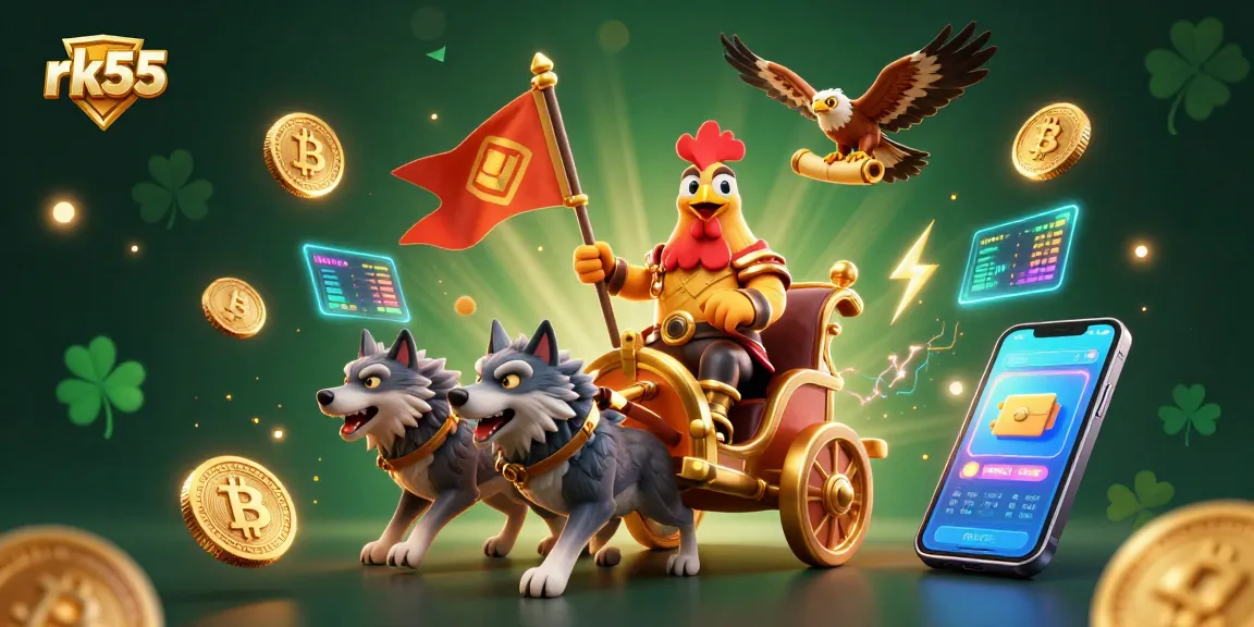 Experience thrill and rewards at rk55, featuring a cartoon rooster warlord in a dynamic casino scene.