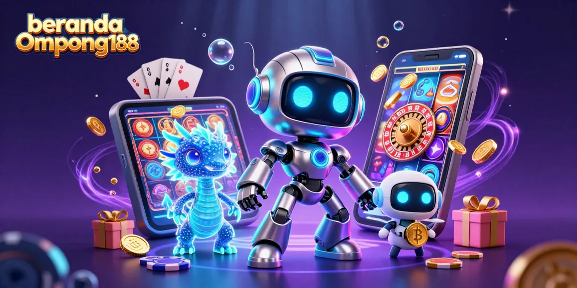 Beranda Ompong188 memperlihatkan ilustrasi kasino yang penuh warna dengan robot dan harta karun.