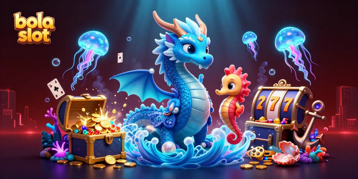 Bola slot game elements featuring a dragon, seahorse, and neon jellyfish amidst a treasure-filled underwater scene.