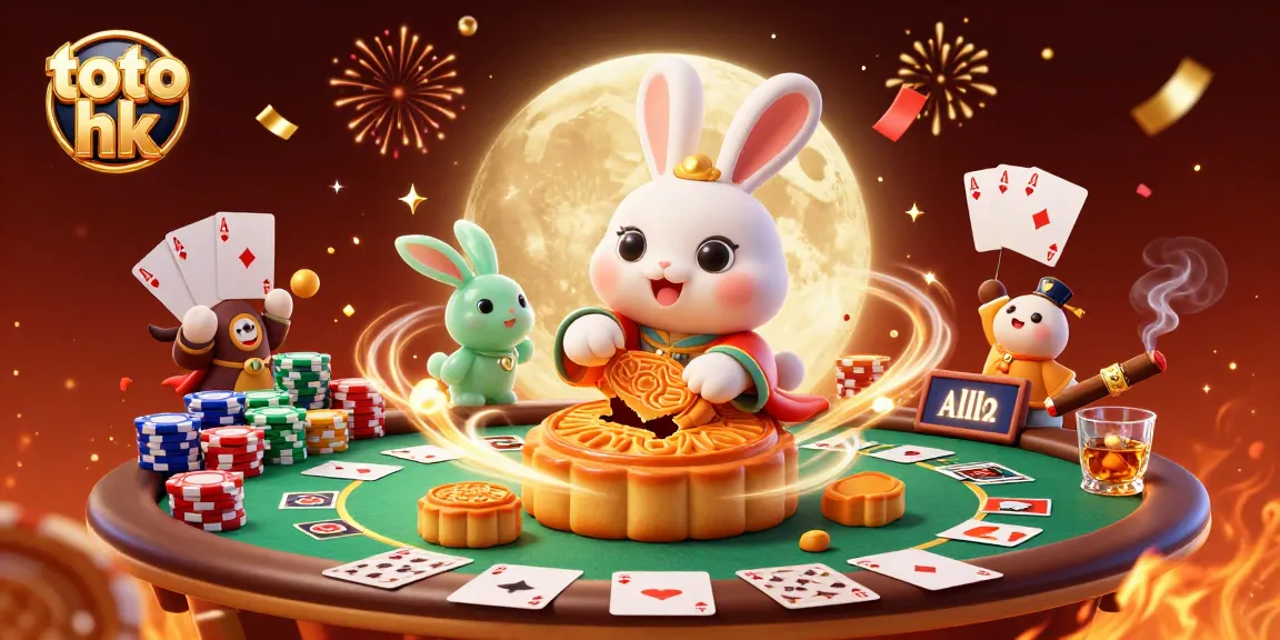Menangkan permainan toto hk dengan kelinci bulan yang menghancurkan kue bulan berisi chip poker di latar belakang bulan.