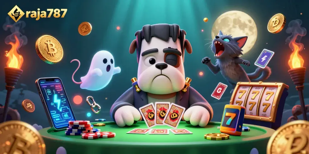 Raja787 menunjukkan kucing werewolf dan anjing Frankenstein bermain kartu di meja kasino penuh koin
