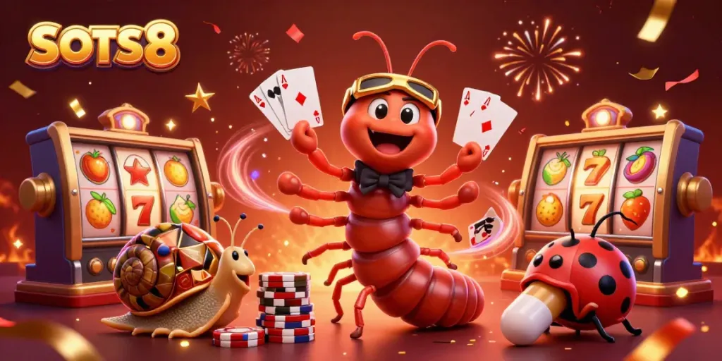 SLOTS8 animated scene with vibrant characters and casino elements, celebrating wins.