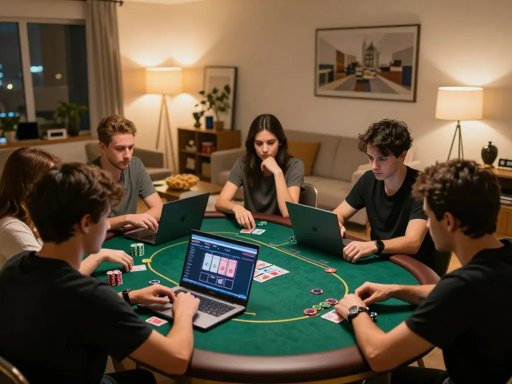 Players engaged in an exciting online poker game in a cozy setting, featuring lc88 gaming strategies.