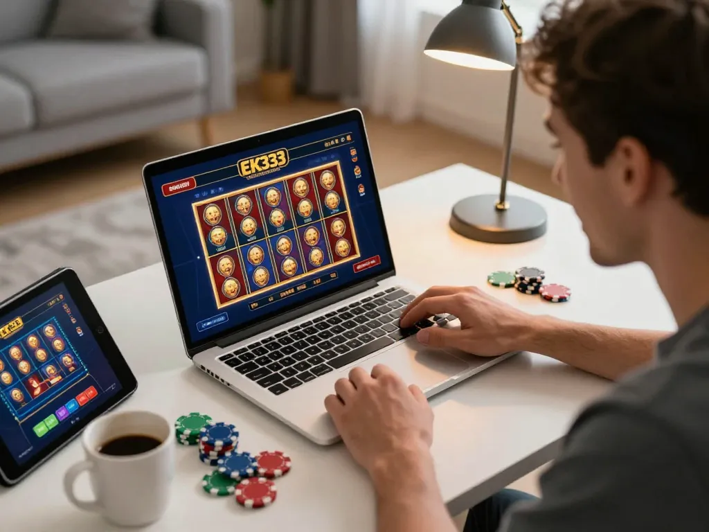 Player engaging with EK333 online casino on laptop at home, showcasing strategic gaming atmosphere.