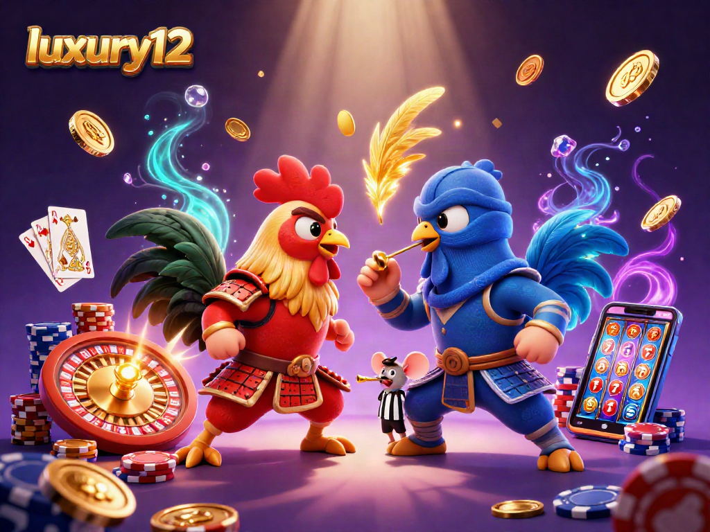 Engage with luxury12's thrilling standoff of 3D roosters in dynamic casino action featuring golden coins.