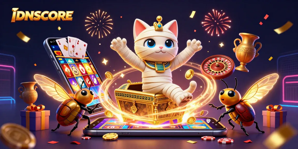 Experience the thrilling world of IDNSCORE with an Egyptian mummy cat amidst vibrant casino games.
