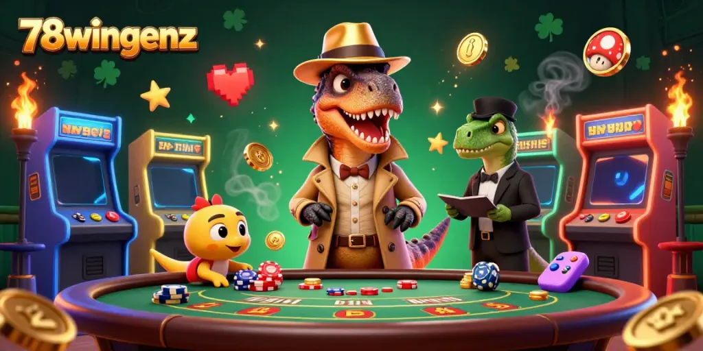 Experience thrilling casino action with 78wingenz as a velociraptor card counter at a blackjack table.