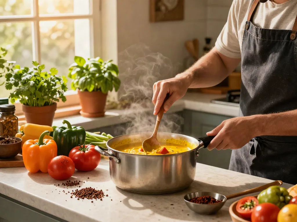 Memasak hidangan dengan annatto di dapur cerah dan hangat.