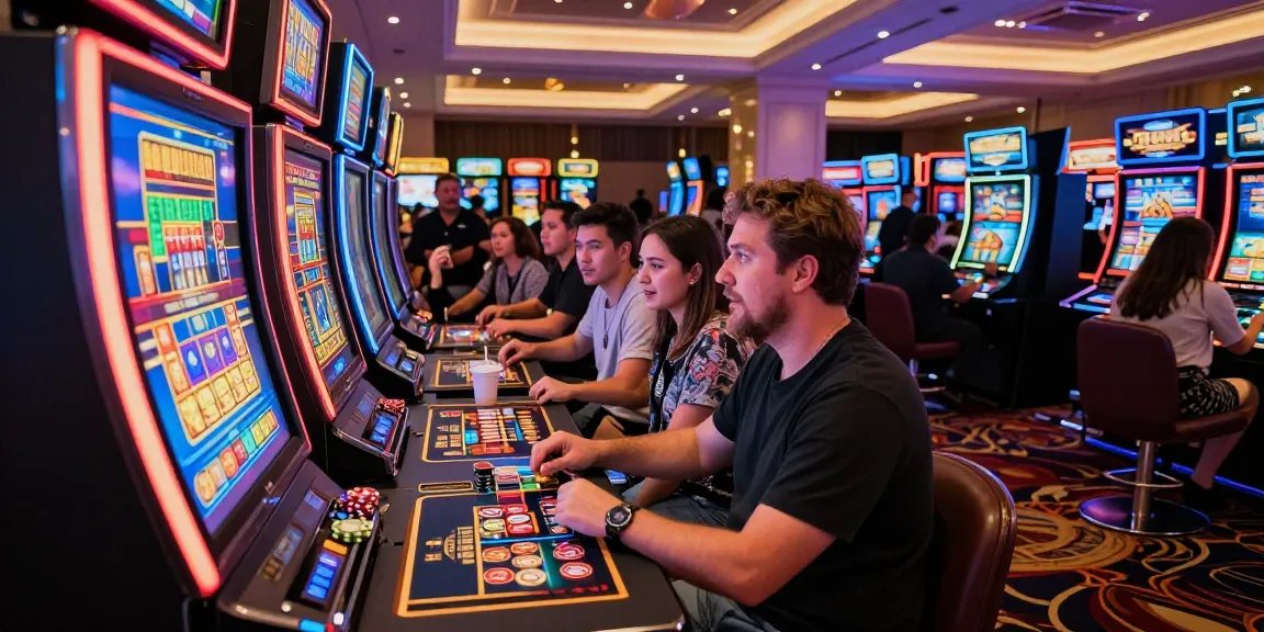 Excited players enjoying a slot gacor experience in a lively casino environment, bright lights, and engaging gameplay.