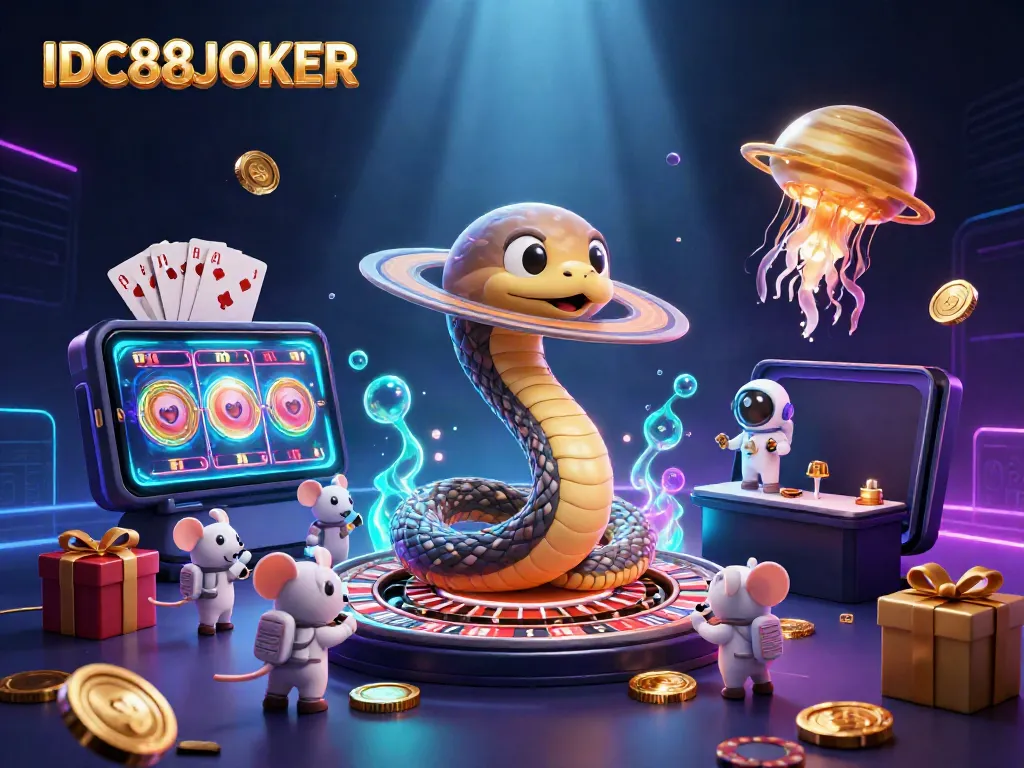 Experience thrilling gameplay at IDC88JOKER with vibrant slot machines spinning and colorful characters betting.