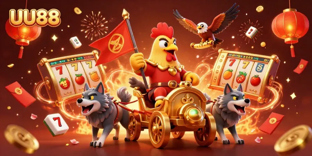 UU88 showcases an exciting 3D casino scene with dynamic slot elements and colorful characters.