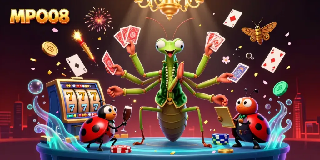 MPO08 showcases a dynamic casino scene featuring a giant praying mantis card dealer and ladybug pit boss.
