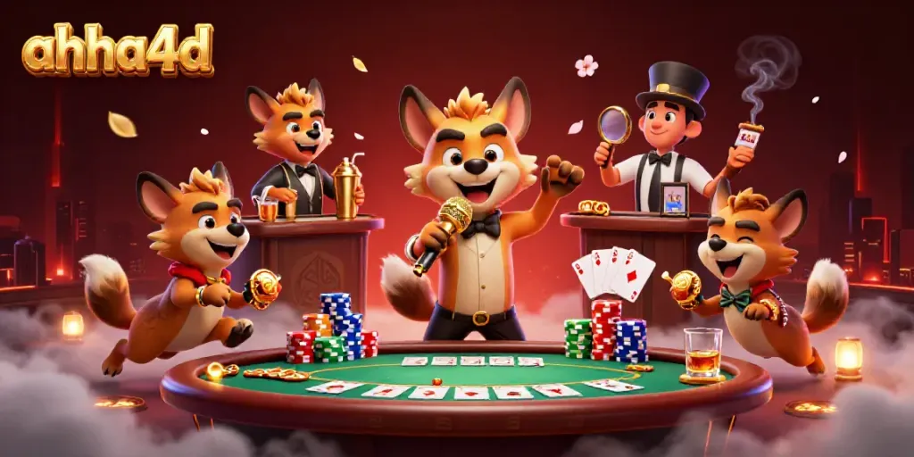 Momen kasino yang penuh kegembiraan di ahha4d dengan hyena lucu dan permainan poker yang seru.