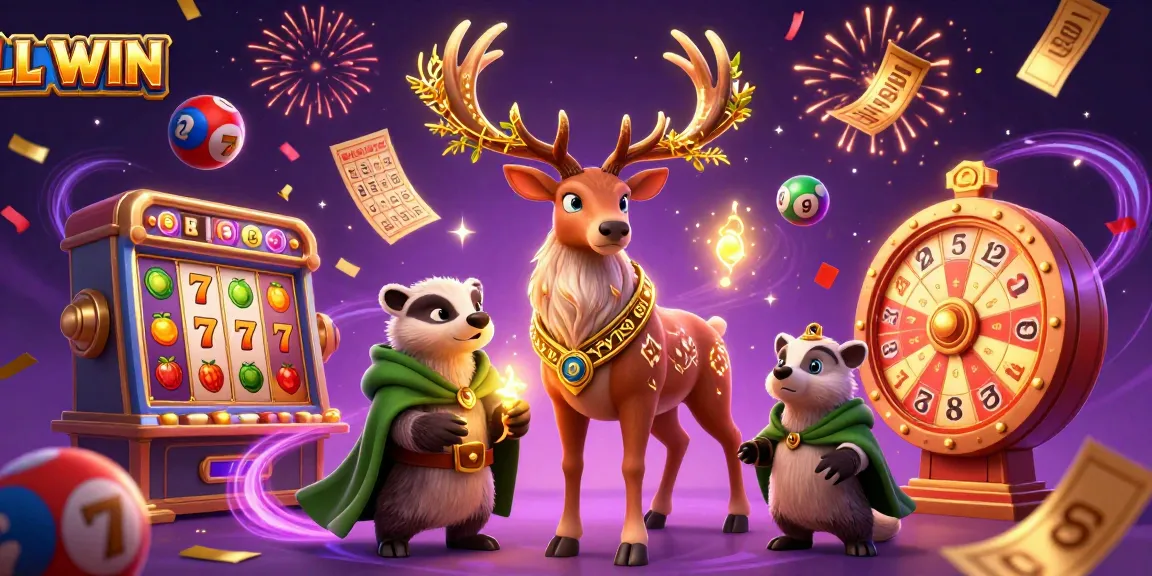 Spin the fortune at LL WIN with vibrant slot reels, colorful lottery balls, and magical characters.