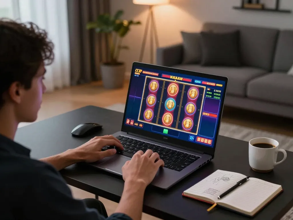 Player engaging with UGDEWA online slots at home, showcasing colorful reels and strategy notes.