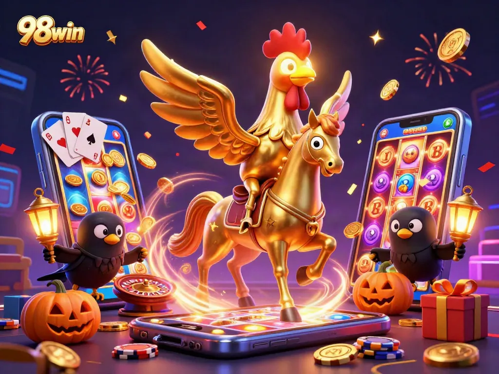Win big with 98win in a vibrant casino scene filled with golden coins and thrilling games.