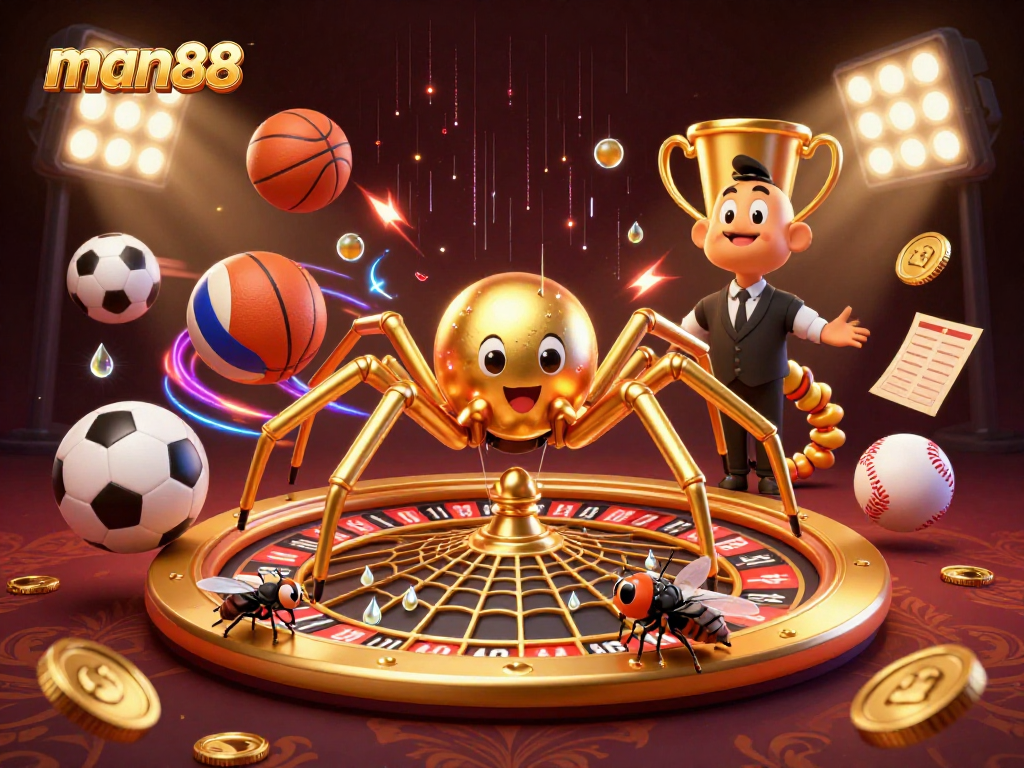 Win big at man88 with a golden spider spinning a roulette wheel while a fly bets nervously.