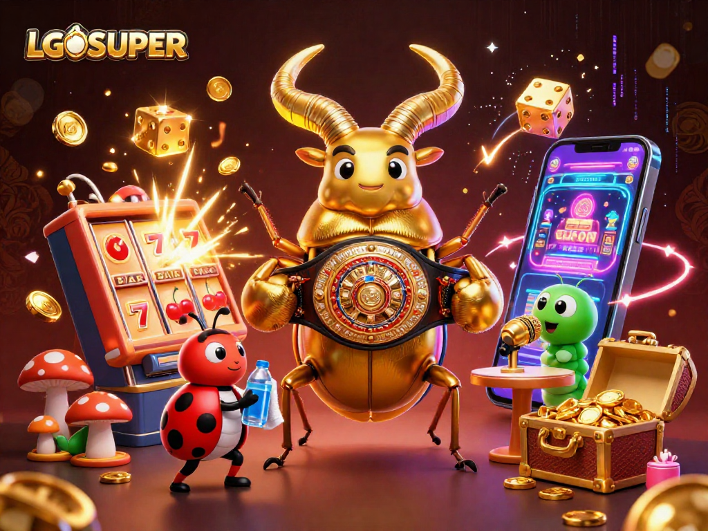 Experience gaming action with LGOSUPER's vibrant 3D characters and casino elements bursting with energy.
