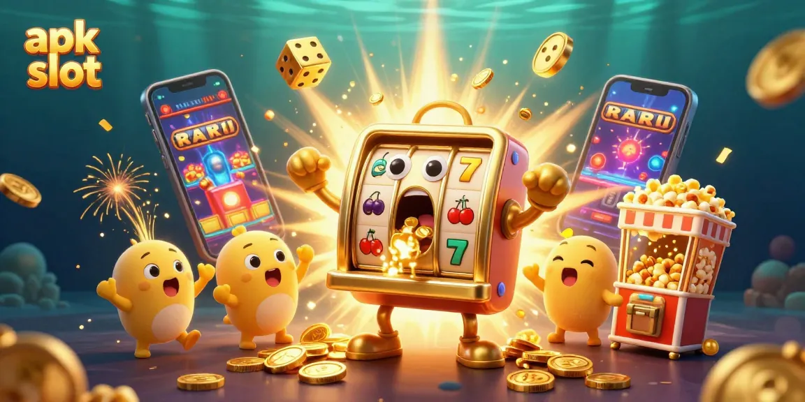 aplikasi apk slot menampilkan mesin slot emas berkarakter merayakan jackpot yang mengeluarkan koin