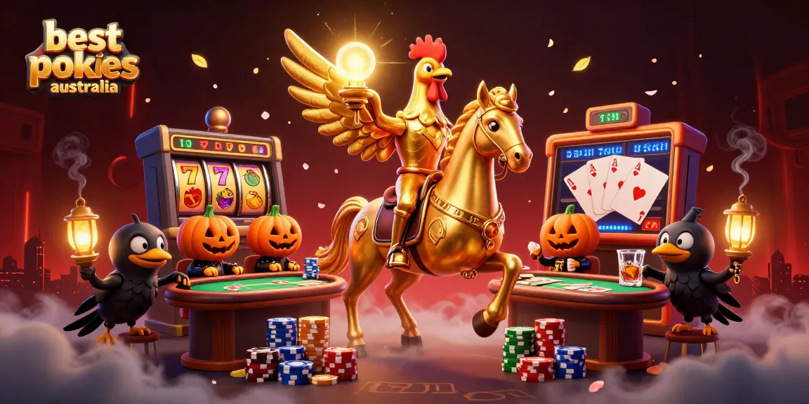 Play the best pokies Australia online with vibrant characters in a dynamic casino scene.