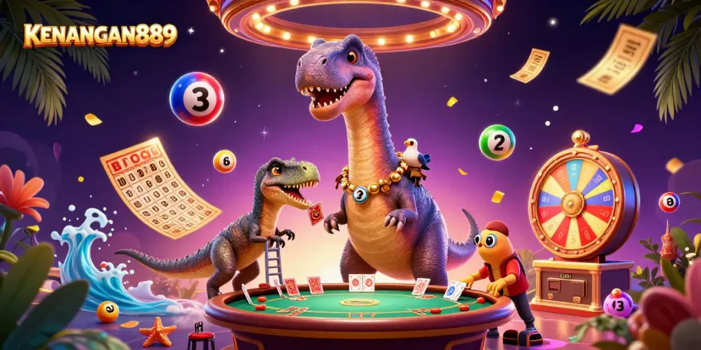 Experience KENANGAN889 fun with colorful lottery elements and dynamic casino characters!