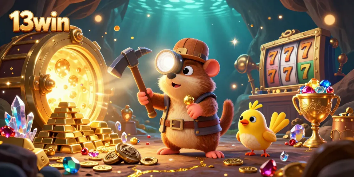 Experience the excitement of 13win with vibrant casino elements and treasure-hunting characters.