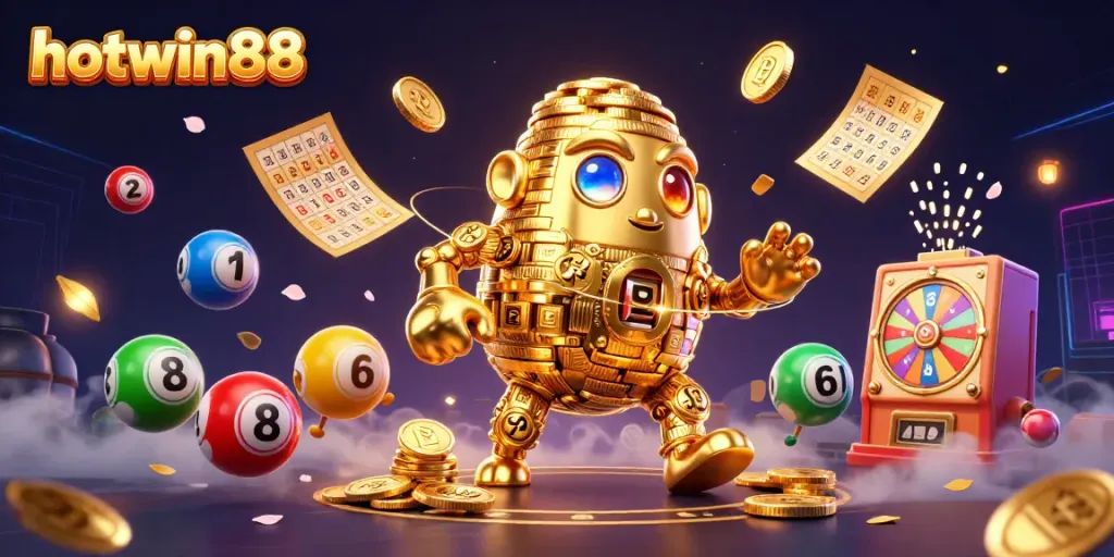 Experience excitement and wins with hotwin88 featuring dynamic lottery elements and a golden golem in stunning 3D illustration.