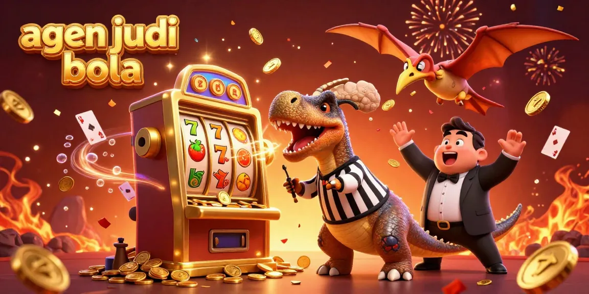 Engage with agen judi bola in a vibrant casino scene featuring a fun dinosaur and jackpot action.