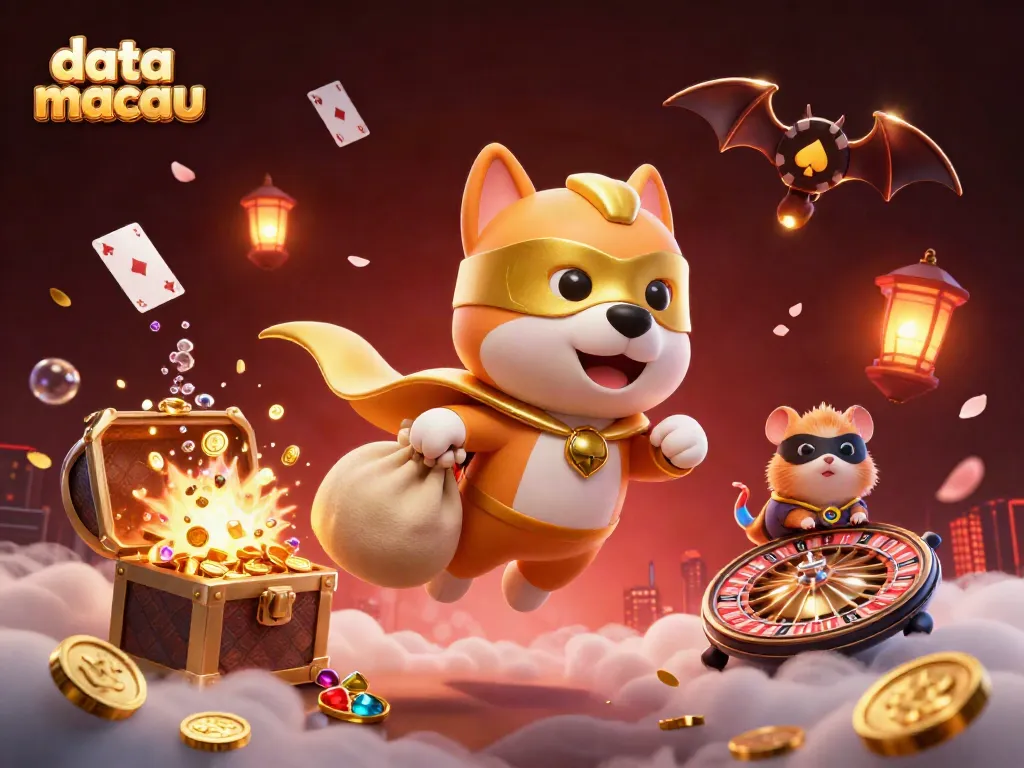 Tampilkan data Macau dengan superhero anjing dan hamster dalam ilustrasi kasino yang penuh warna.