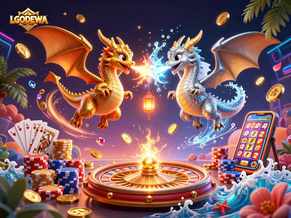 Experience thrilling LGODEWA gameplay with dynamic 3D dragons and vibrant casino elements.