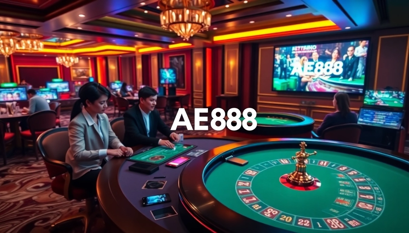 Exciting AE888 casino experience featuring poker and roulette games in a vibrant setting.