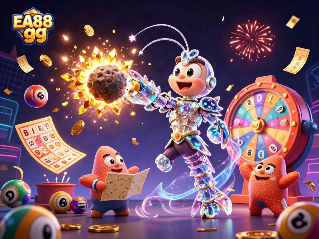 Spin the reels and collect jewels with EA88 gg in this colorful casino-themed digital illustration.