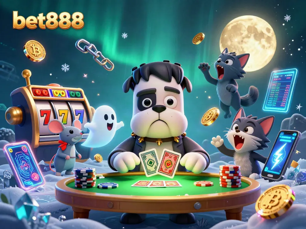 Bet888 offers thrilling slot action as a bulldog monster deals cards amid floating ghostly images.
