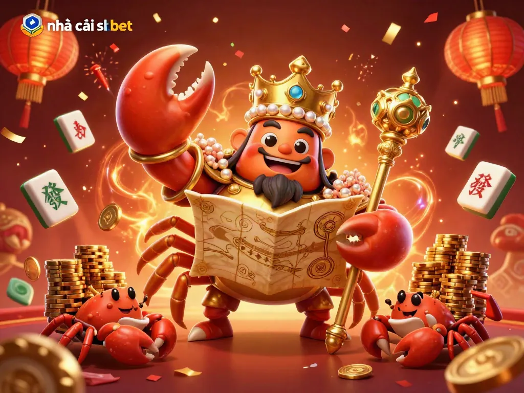 Engage with the vibrant world of nhà cái shbet through an exciting 3D casino illustration showcasing a golden crab emperor among dynamic game elements.