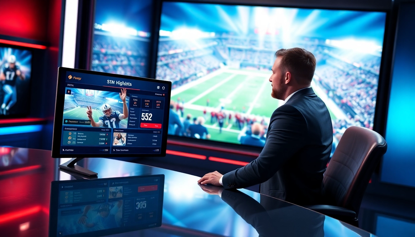 Engaging sports broadcasting scene with a professional anchor sharing live updates.