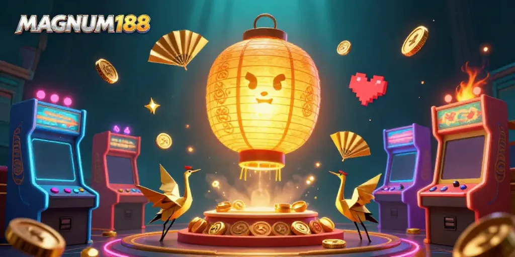 Experience the vibrant games at MAGNUM188 with dynamic casino elements and glowing spirits.