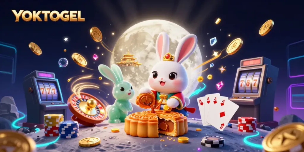 Experience YOKTOGEL's thrilling casino excitement with vibrant 3D illustration of a lunar scene.