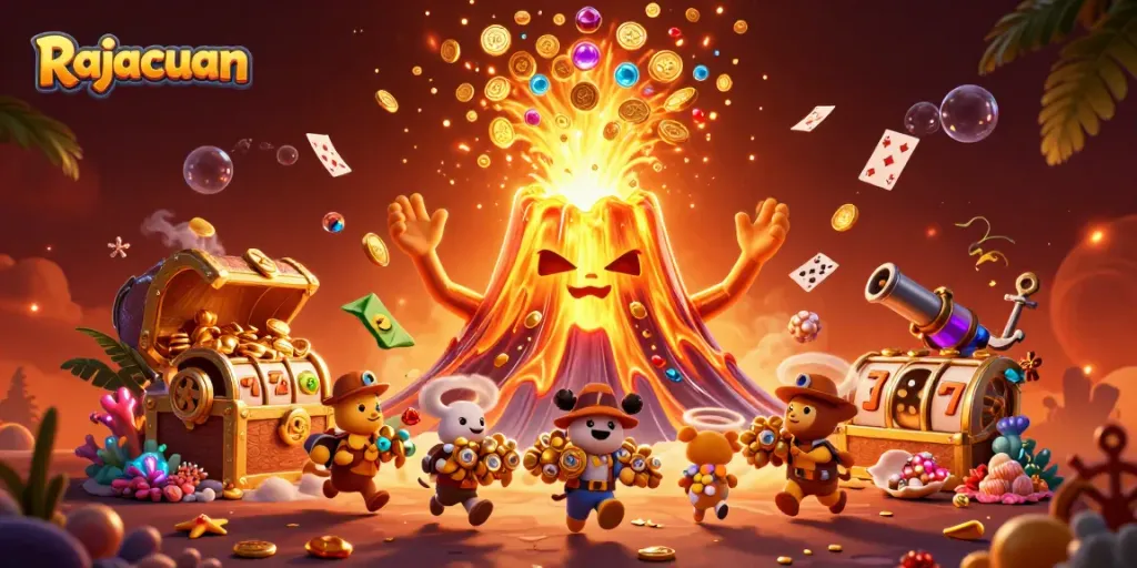 Rajacuan's golden volcano unleashes treasures in an energized casino scene