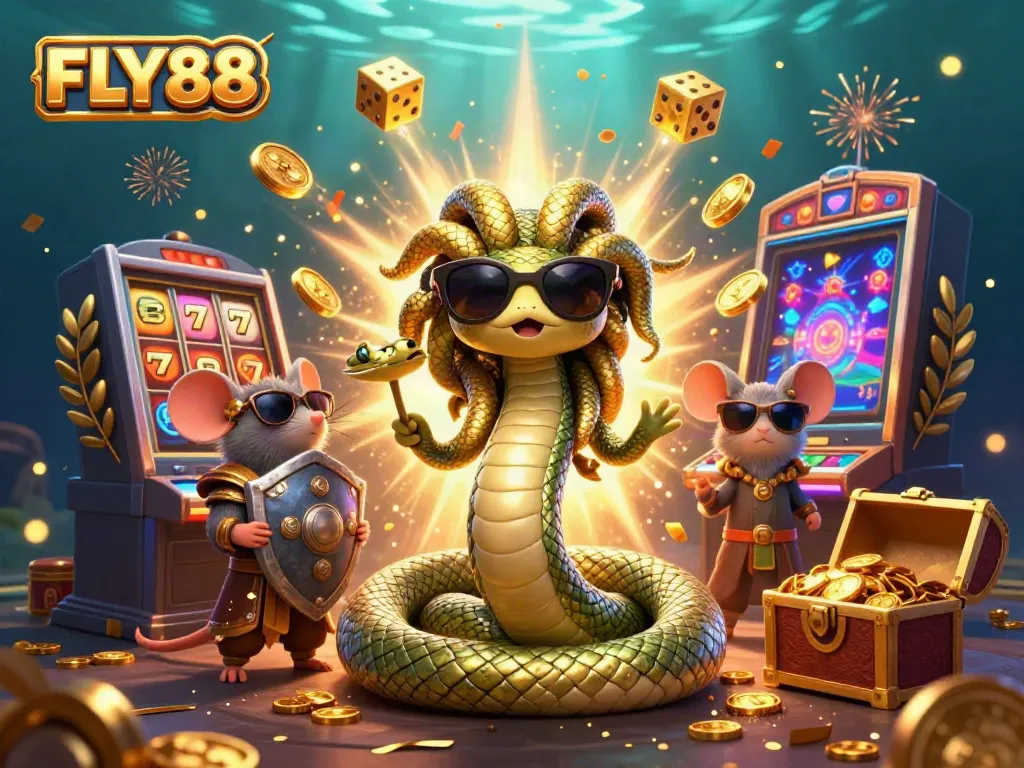Experience thrilling moments with FLY88 in this vibrant 3D casino explosion featuring Medusa and gaming elements.