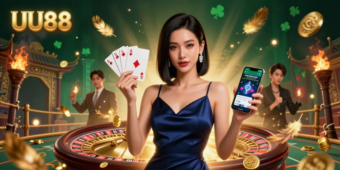 Experience the thrill with UU88 in a vibrant 3D casino scene featuring dynamic elements and stylish characters.