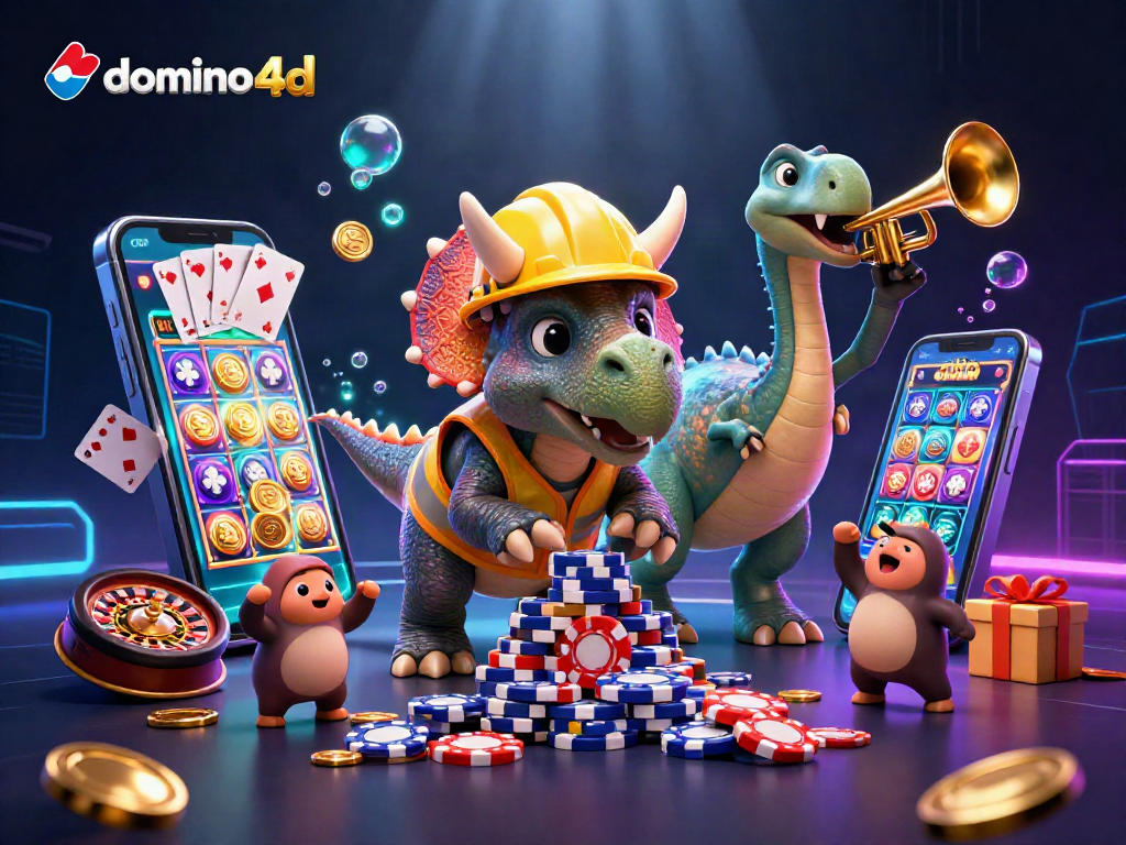 Permainan domino4d di kasino digital dengan triceratops membangun tumpukan chip poker.